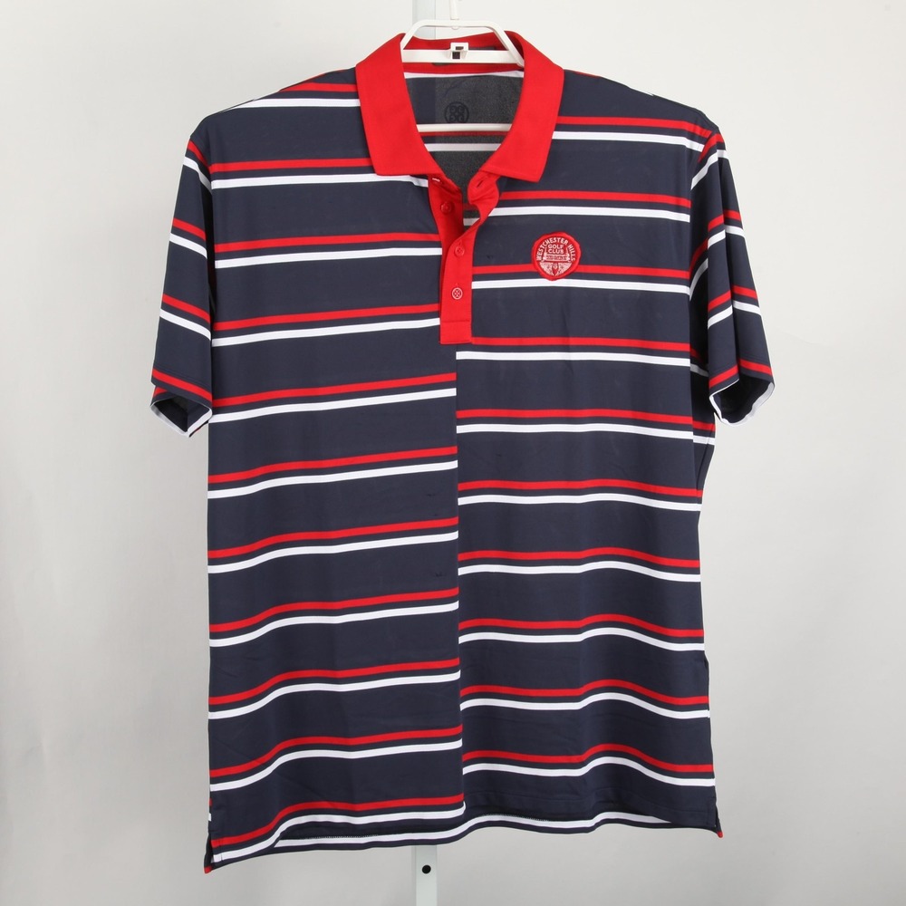G/FORE Polo Shirt Mens Extra Large Navy Red Stripe Westchester Hills Golf Club - Picture 2 of 13